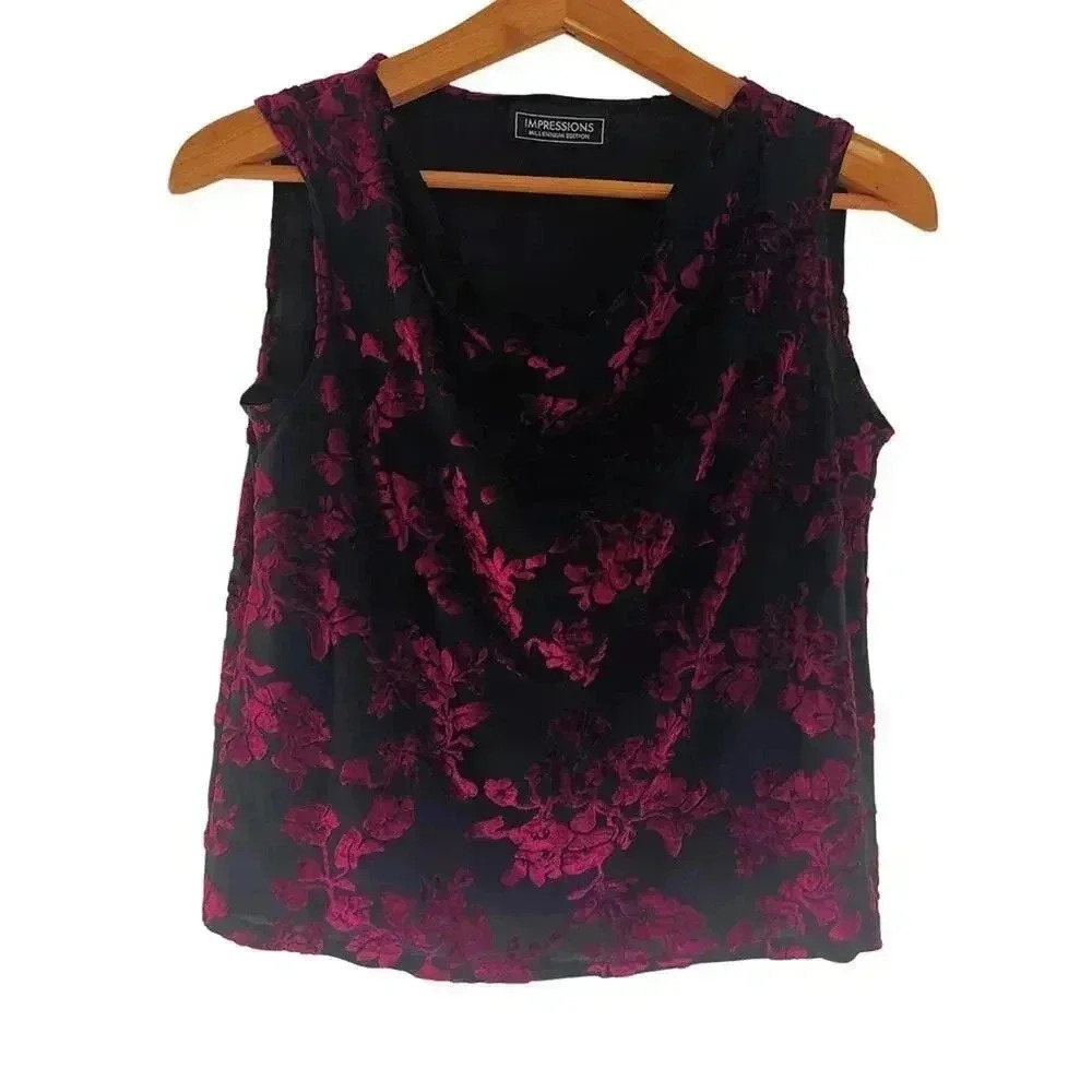 Vintage 90s Impressions Black Burgundy Velvet Floral Cowl Neck Tank Size M